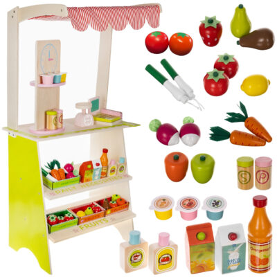 Супермаркет для детей Kruzzel 24888 деревянный ларек с кассовым аппаратом и набором фруктов