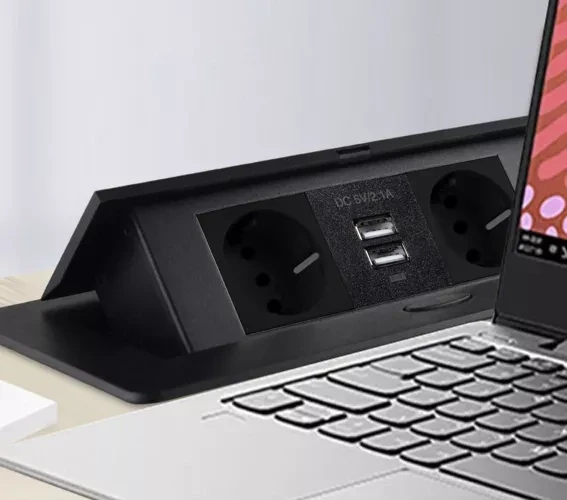 Встраиваемая розетка в столешницу Izoxis 21446 на 2 гнезда Schuko и 2 USB, черный врезной блок розеток с крышкой в стол - Зображення 9